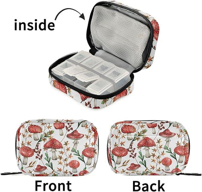 Fustylead Travel Pill Organizer Case Zipper for Purse with Removable Weekly Pill Box for Medicine, Vitamin, Supplement Medicine Organizer (Amanita Mushroom)