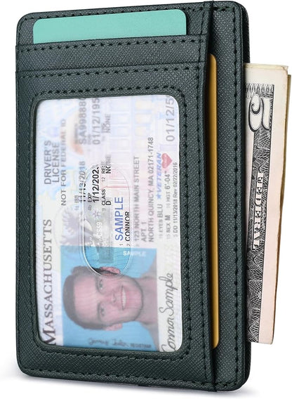 Buffway Slim Minimalist Front Pocket RFID Blocking Leather Wallets for Men and Women - Cross Blackish Green