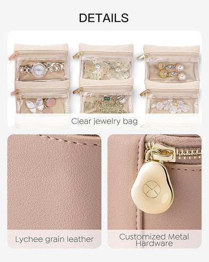 Vlando Small Jewelry Box Organizer,Travel Jewelry Storage with 6 Velvet Jewelry Zipper Pockets,Travel Jewelry Case Birthday Gifts for Women Girls(Khaki)