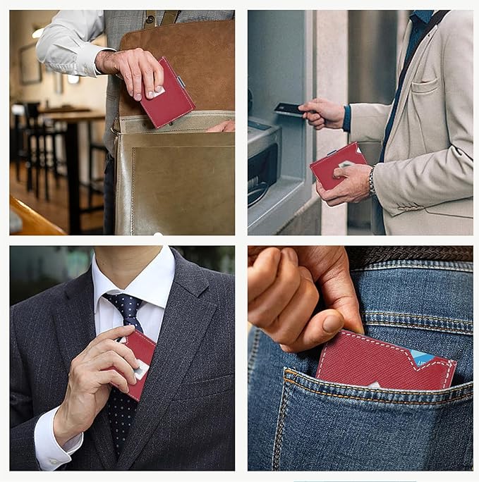 Men's Wallet, Genuine Leather RFID Blocking Slim Money Clip Wallet Minimalist Front Pocket Tri-Fold Money Clip Credit Card Holder with Present Box Red