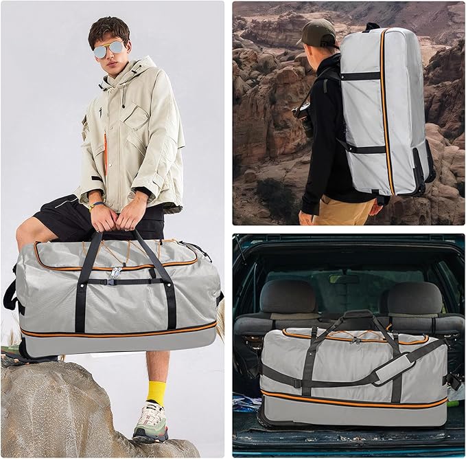 32” 1680D Oxford Foldable Duffle Bag with 2 Wheels,110L to 140L Expandable Soft Sided Rolling Travel Bag,Grey