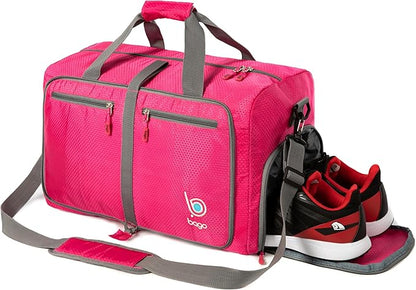Bago Large Foldable Duffel Bags for Traveling Women & Men - 80L Packable Duffle Bag for Travel with Shoe Compartment - Water Repellant, Heavy Duty, Lightweight Folding & Collapsible (Pink)
