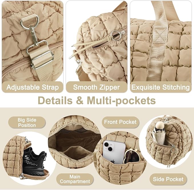 Quilted Travel Duffle Bag Gym Bag for Women,Large Puffer Duffle Weekender Bag with Compartment,Workout Overnight Carry on Organizer Bag Duffle Bag for Airplane Travel(Khaki)
