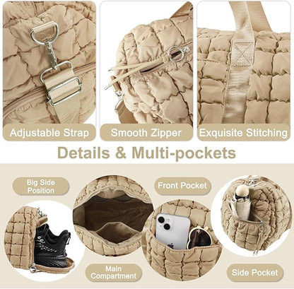 Quilted Travel Duffle Bag Gym Bag for Women,Large Puffer Duffle Weekender Bag with Compartment,Workout Overnight Carry on Organizer Bag Duffle Bag for Airplane Travel(Khaki)