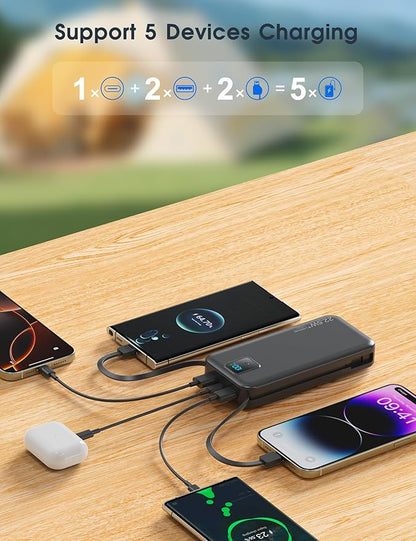 Portable Charger, 20000mAh 22.5W Fast Charging Power Bank with Built-in Cables & Wall Plug, Travel Essentials Battery Pack with LED Display, USB C External Battery Bank for iPhone iPad, Samsung Black