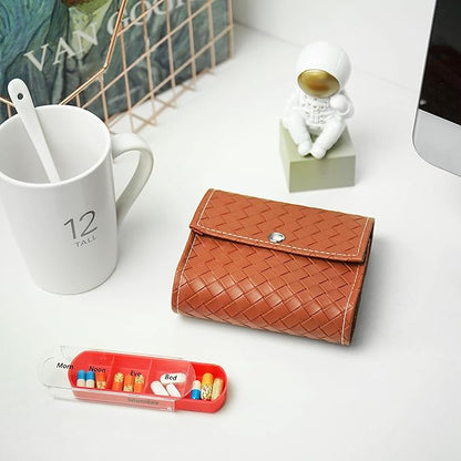 Pill Organizer,LIZIMANDU Weekly Travel Pill Case Box Medication Reminder Daily AM PM, Day Night 7 Compartments,for 4 Times A Day, 7 Days a Week-Includes Leather PU Carrying Case (1-Weave Brown)