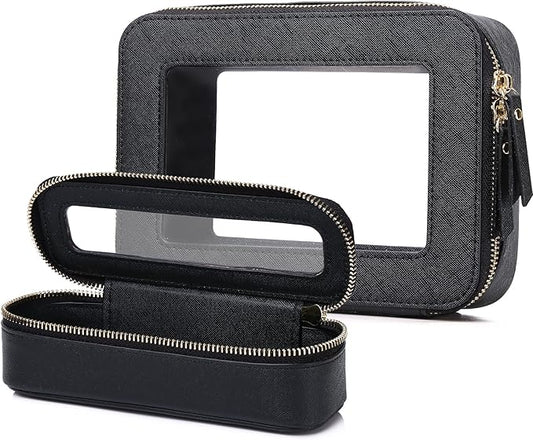 Pinkmik Travel Clear Makeup Bag with Brush Case TSA Approved Toiletry Bag Waterproof Cosmetic Organizer with Zipper Car Essential for Women (Black, M+SLIM)