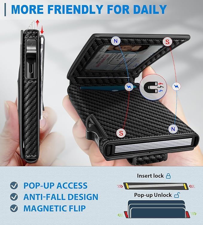 Airtag Wallet for Men,with Money Clip Gift Boxed,Slim Front Pocket Wallet RFID Blocking Metal Case Smart Pop-up Credit Card Holder in Magnetic Leather Flip