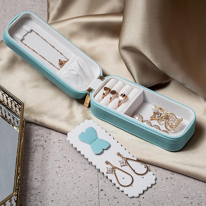 BONNY DODO Small Travel Jewelry Organizers Box for women with PU Leather Portable Mini Jewelry Case with compartments for Necklace Rings Earrings,Luxury Giftable boxes. (Lake Blue, S)
