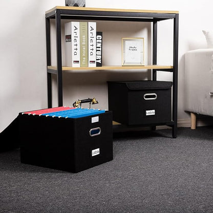 PRANDOM File Organizer Box - Set of 4 Collapsible Decorative Linen Filing Storage Hanging File Folders with Lids Office Cabinet Letter Size Black (15x12.2x10.75 inch)