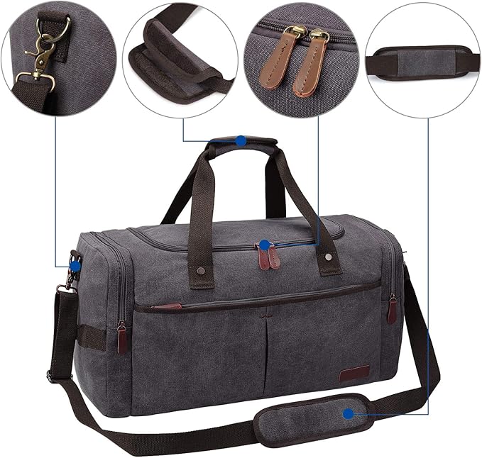 S-ZONE 65L Expandable Canvas Duffle Bag Travel Overnight Holdall Weekend Bag with Shoes Compartment Large Carry On Bag Tote Gym Bag for Men Women, Grey, L