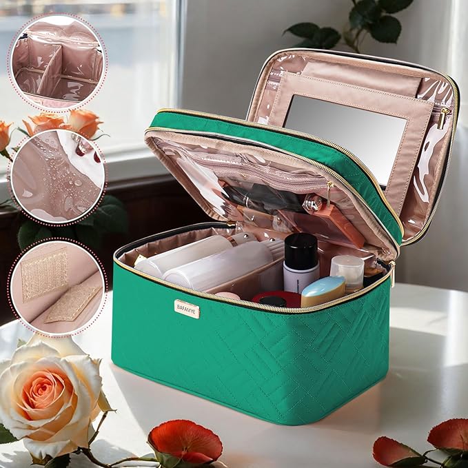 8.8L Double Layer Travel Makeup Bag With Mirror For Women, Large Cosmetic Case, Organizer for Travel-Size Accessories Bottles, Brushes,and Skin Care Products, 2.33 GAL, Green…