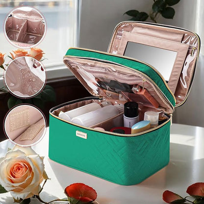 8.8L Double Layer Travel Makeup Bag With Mirror For Women, Large Cosmetic Case, Organizer for Travel-Size Accessories Bottles, Brushes,and Skin Care Products, 2.33 GAL, Green…