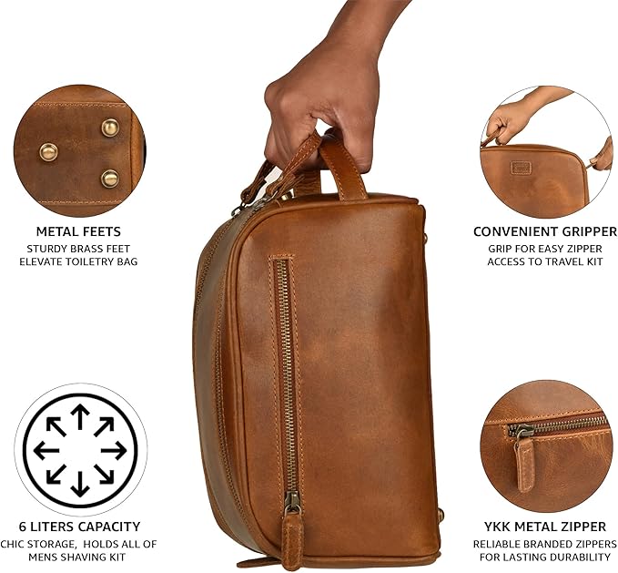 LEATHER VILLAGE Premium Leather Toiletry Travel Pouch With Waterproof Lining - Sun Tan | King-Size Handcrafted Vintage Dopp Kit Bag, Shaving & Bathroom Organizer, Gift for Men & Women