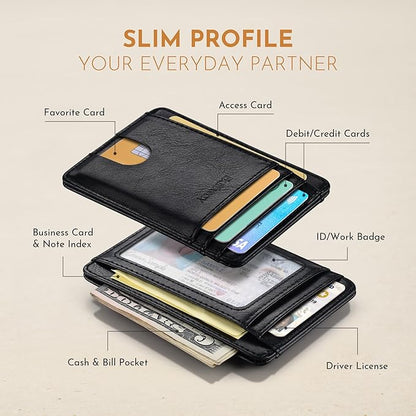 Buffway Slim Minimalist Front Pocket RFID Blocking Leather Wallets for Men and Women - Slate Black