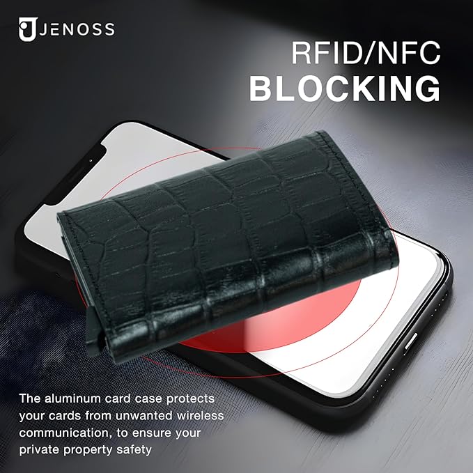 Jenoss Smart Wallet For Men: Full Grain Leather, Handcrafted, Slide Metal Pop Up Case, Slim RFID Blocking Credit Card Holder, Minimalist Compact, 6-8 Cards Organizers, Front Pocket, Money Clip (Black)