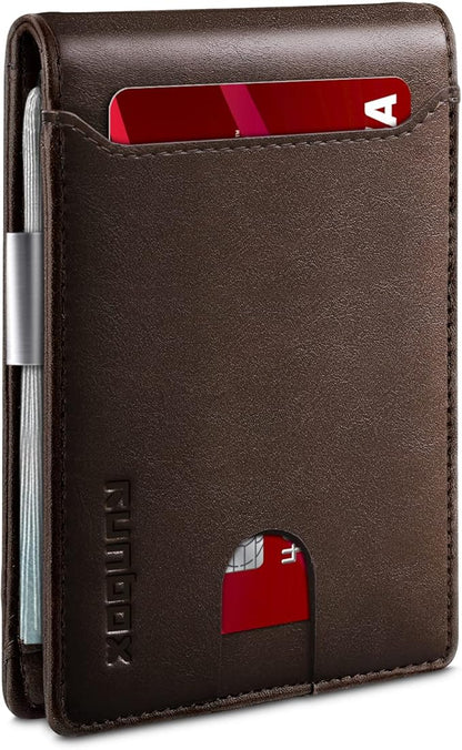 RUNBOX Slim Wallets for Men - Leather Money Clip Mens Wallet - RFID Blocking Front Pocket Bifold Wallet - Thin Credit Card Holder with Gift Box