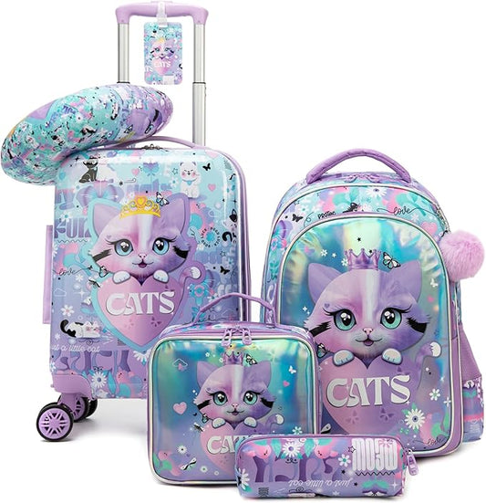 Kid’s Luggage Set 5 Piece Suitcase Set 16’’ Hardside Luggage with Spinner Wheels Girls Carry on Toddler Travel Rolling Suitcase Carry on Luggage Airline Approved