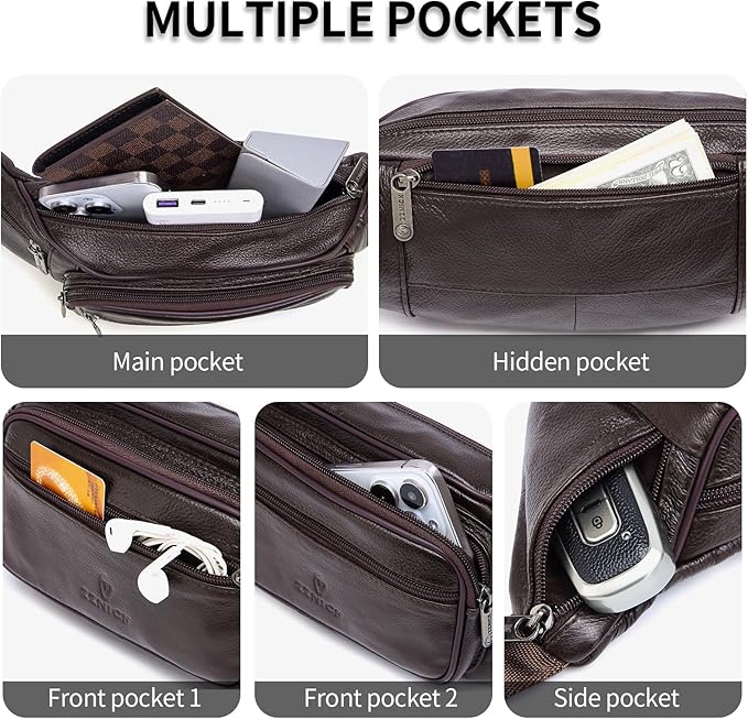 Genuine Leather Fanny Pack/Waist Bag/Organizer with Adjustable Belt, Multiple Pockets For Men and Women