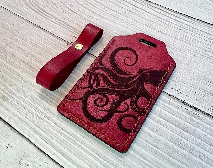 Mayan Corner - Handcrafted Leather Luggage Tag, Octopus Design, Burgundy Red with ID Window
