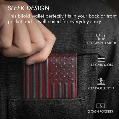 Full Grain Leather Wallet for Men, RFID Blocking, Mens Wallet Bifold with 2 ID Windows, Billfold with 13 Card Slots, Leather Gift for Men, American Flag Wallet Red