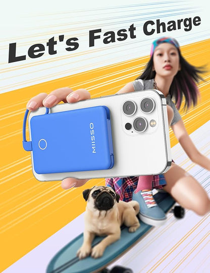 miisso 6000mah Ultra Slim Built in Cables Power Bank, Card Size Built in USB C Cords Battery Pack Portable Charger for Phones, 3 Output External Battery Pack Compatible with iPhone, Deep Blue