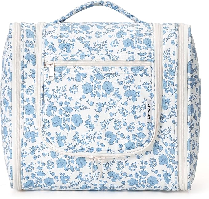 Narwey Hanging Toiletry Bag for Women Travel Makeup Bag Organizer Toiletries Bag for Cosmetics Essentials Accessories (Large, Little Blue Flower)