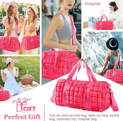 Quilted Travel Duffle Bag Gym Bag for Women,Large Puffer Duffle Weekender Bag with Compartment,Workout Overnight Carry on Organizer Bag Duffle Bag for Airplane Travel(Rosered)