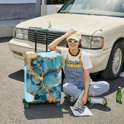 FOREVER QUEEN Luxury Light Blue Gold Marble Luggage Cover Suitcase Protector Suitcase Cover Anti-Scratch,Stretchable Bag Cover Washable Durable Polyester