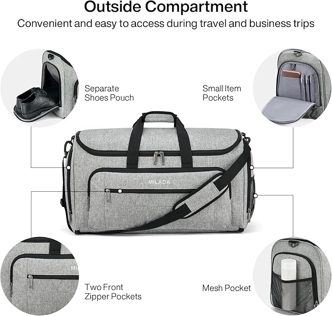 MILADA Convertible 2-in-1 Garment Duffel Weekender Bag Carry On Garment Bags for Travel Hanging Clothes Suit Bag Foldable Personal Item Business Overnight Bag with Shoe Compartment, Light Grey