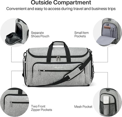MILADA Convertible 2-in-1 Garment Duffel Weekender Bag Carry On Garment Bags for Travel Hanging Clothes Suit Bag Foldable Personal Item Business Overnight Bag with Shoe Compartment, Light Grey