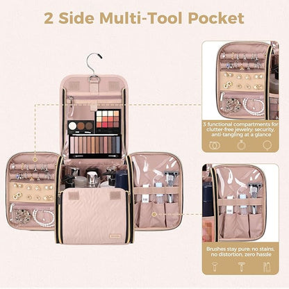 Hanging Toiletry Bag & Makeup Bag for Women with Jewelry Organizer - TSA Approved Large Capacity Travel Cosmetic Organizer, Waterproof Shower Essentials Case with Transparent Pockets, Pink