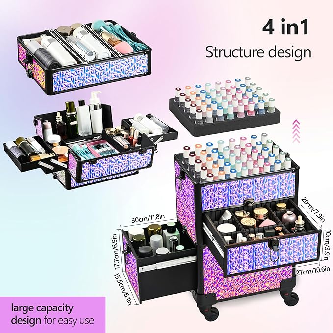 Makeup Train Case with Drawer, Rolling Makeup Case, Cosmetology Case on Wheels, Gift, Large Makeup Case Organizers, Professional for Salon Barber, Nail, Tattoo, Black Colourful