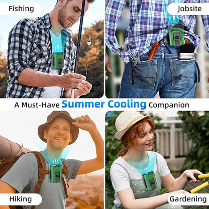 Picozon Portable Smart AI Fan, 9000 RPM Strong Airflow, Rechargeable 4 Speeds Hands-free Wearable Waist Clip Necklace Fan with 20H Non-Stop Cooling System for Outdoor, Hiking Jobsite Camping - Green