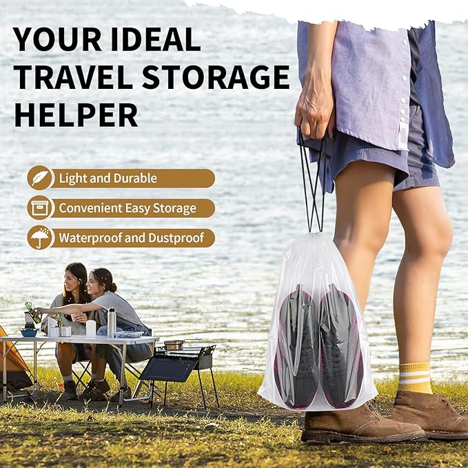 50 Pack Shoe Bags for Travel, 15.7" x 11.8" Clear Travel Shoe Bags for Packing, Large Waterproof Portable Drawstring Travel Shoe Storage Bag Travel Essentials Women for and Men