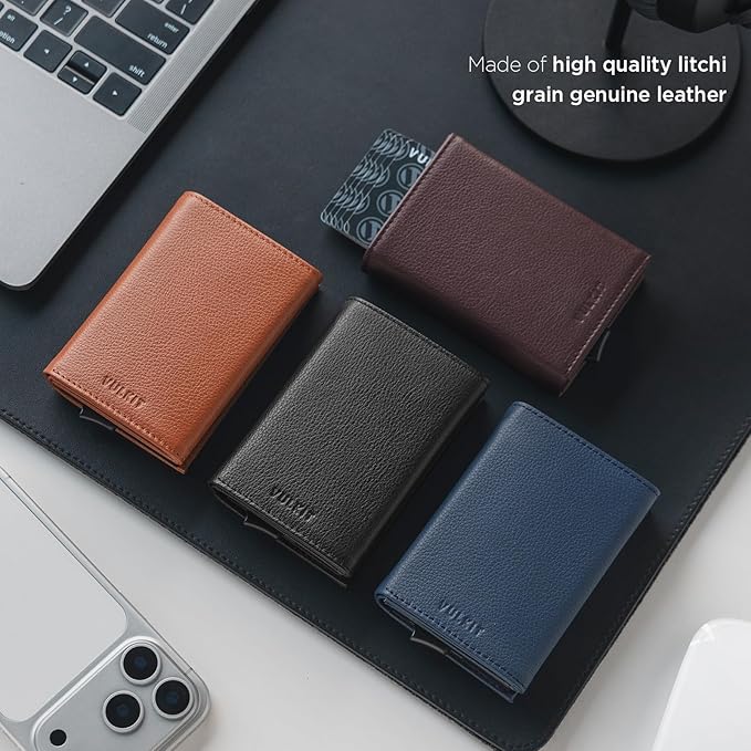 VULKIT Pop up Card Wallet Minimalist Cash Wallets RFID Blocking Leather Smart Credit Card Holder with ID window for Men