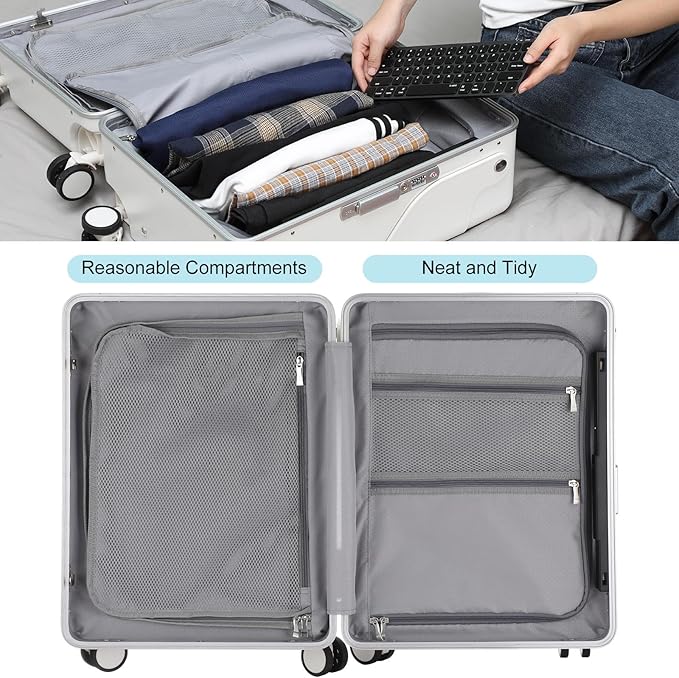 20 Inch Ride on Luggage with Seat for Kids Top Opening Aluminum Frame Suitcase with Spinner Wheels Locks for Travel(White)