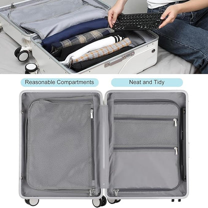 20 Inch Ride on Luggage with Seat for Kids Top Opening Aluminum Frame Suitcase with Spinner Wheels Locks for Travel(White)