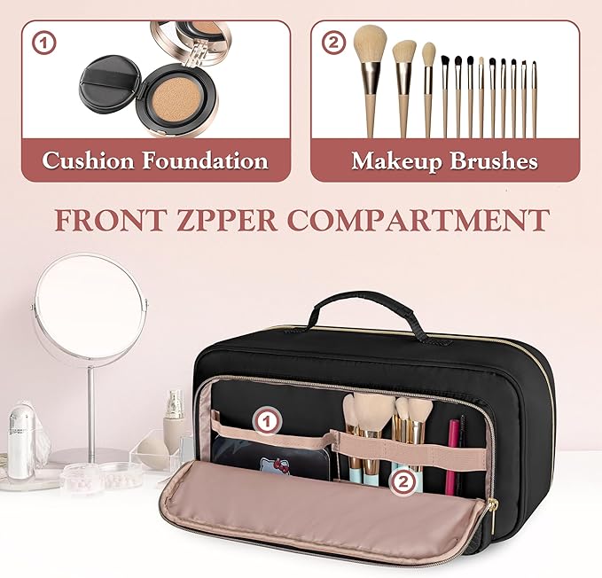 Fasrom Travel Makeup Bag for Women, Large Capacity Cosmetic & Toiletry Organizer Case, Make Up Storage Bags with Handle, Portable Pouch for Travel Essentials, Black (Empty Bag Only)