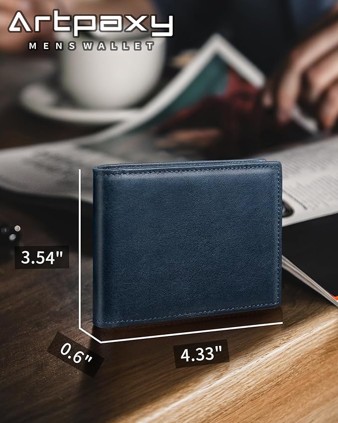 Mens Wallet Bifold Genuine Leather RFID Blocking Wallet for Men with 1 ID Windows 13 Card Holders 2 cash pockets 1 Gift Box