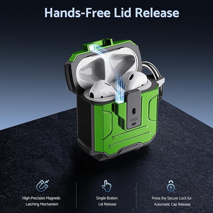 DASFOND Armor Cover AirPods 2nd & 1st Generation Case, Military Grade Full Body Shockproof Protection Hard Case, Support Wireless Charging with Keychain, Magnetic Lid, Front LED Visible, Green