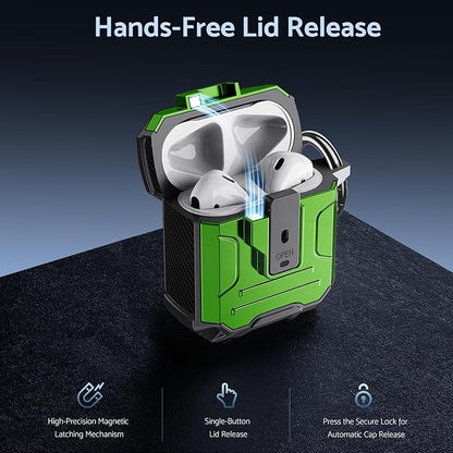 DASFOND Armor Cover AirPods 2nd & 1st Generation Case, Military Grade Full Body Shockproof Protection Hard Case, Support Wireless Charging with Keychain, Magnetic Lid, Front LED Visible, Green