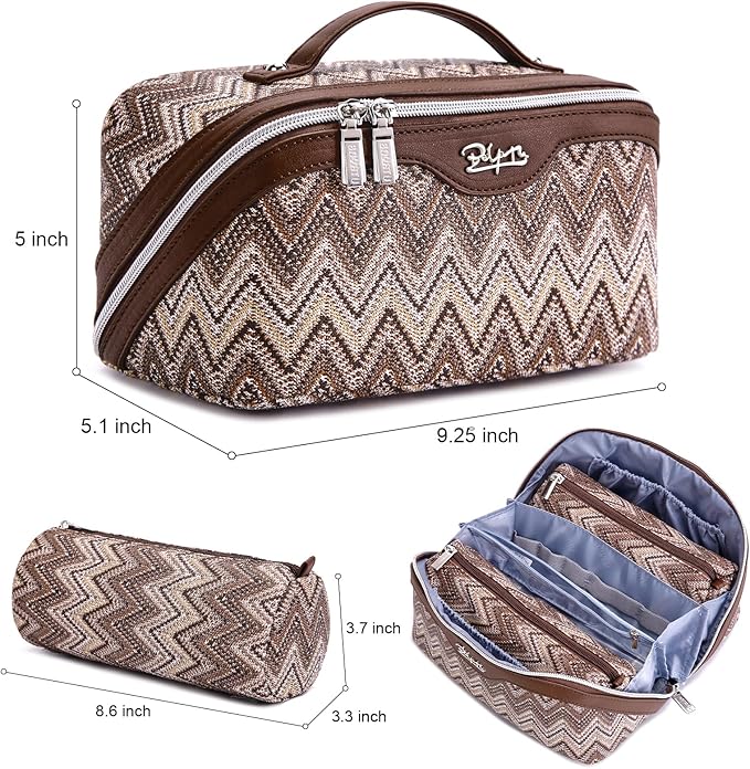 BOYATU Travel Makeup Bag for Women: Western Boho Make up Bag Set of 3 - Large Capacity Vegan Leather Cosmetic Bag - Waterproof Toiletry Bag with Compartments & Handle & Divider(J-2-Brown)