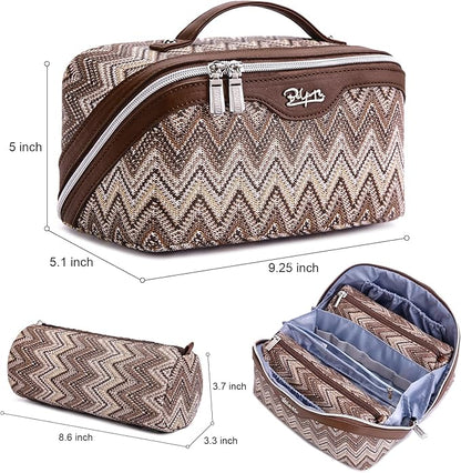 BOYATU Travel Makeup Bag for Women: Western Boho Make up Bag Set of 3 - Large Capacity Vegan Leather Cosmetic Bag - Waterproof Toiletry Bag with Compartments & Handle & Divider(J-2-Brown)