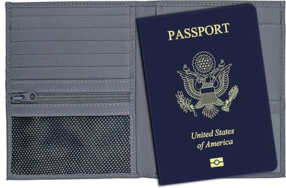 Grey RFID Genuine Leather Passport Wallet