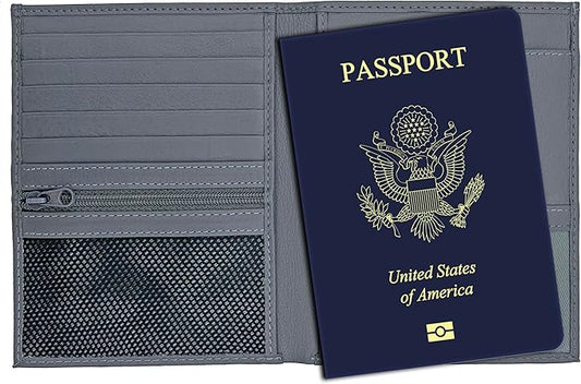 Grey RFID Genuine Leather Passport Wallet