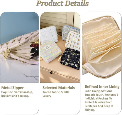 Small Travel Jewelry Case, Soft Tweed Organizer Pouch for Bangle, Bracelets, large Earrings, Beaded necklace, Anti-Scratch & Portable Jewelry Bag Holder for Travel & Everyday Use (Black Sparkle)