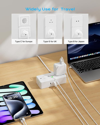 European Travel Plug Adapter, Type E F Plug Adapter, 4 AC Outlets, 3 USB Ports (2 USB C), 5ft Flat Extension Cord, for Germany France Travel