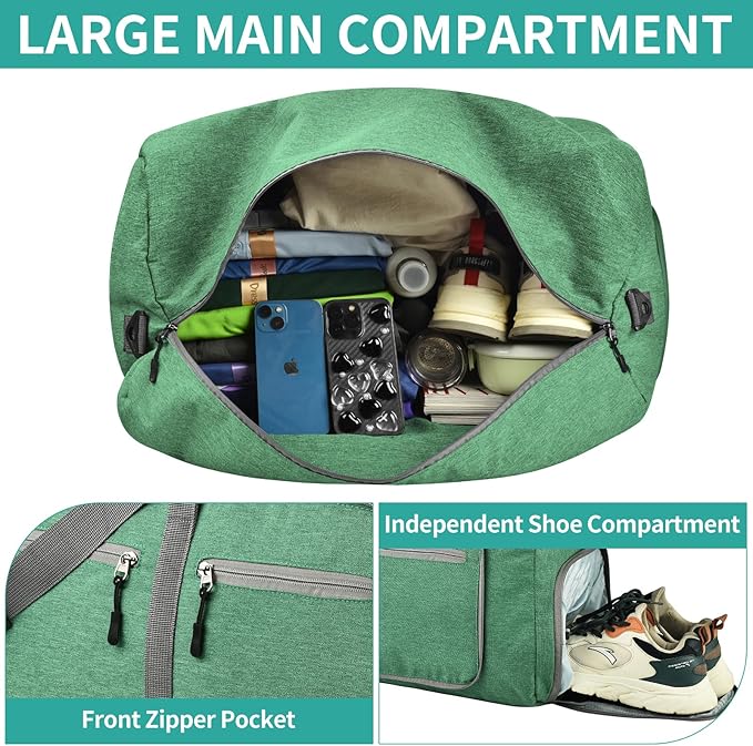 Dimayar 65L Travel Duffle Bag for Men Women - Foldable Duffel Bag with Shoes Compartment - Overnight Bags Waterproof & Tear Resistant(Forest Green)