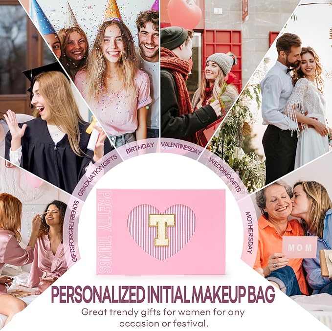 2 PCS Initial Makeup Bags for Women: Cosmetic Bag for Travel Toiletry - Birthday Gifts for 11 12 13 14 15 16 17 18 Years Old Girl Graduation Teacher Gift- Teen Girl Gifts Trendy Stuff - Pink T